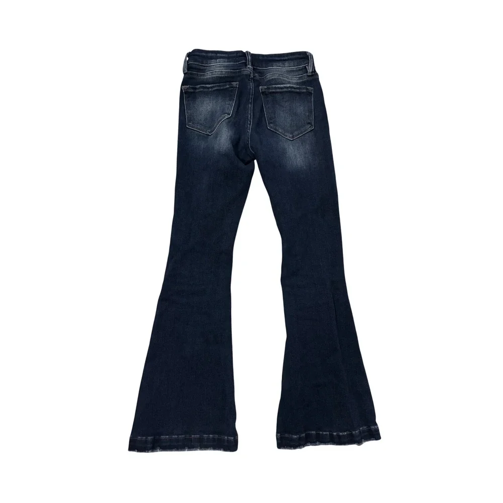 KanCan Jeans Girls Size 12 Mid Rise Flare Dark Wash Distressed Button Fly VBK147